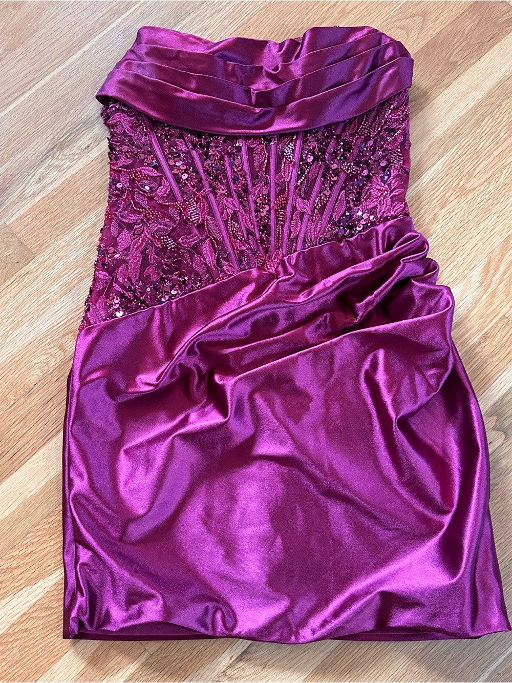 Strapless Beaded Satin Cocktail Dress in Magenta